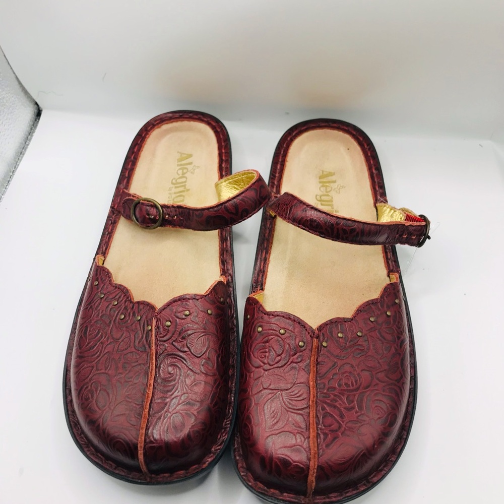Alegria Women's Burgundy‎ Floral Leather Clogs with Strap - Picture 2 of 12